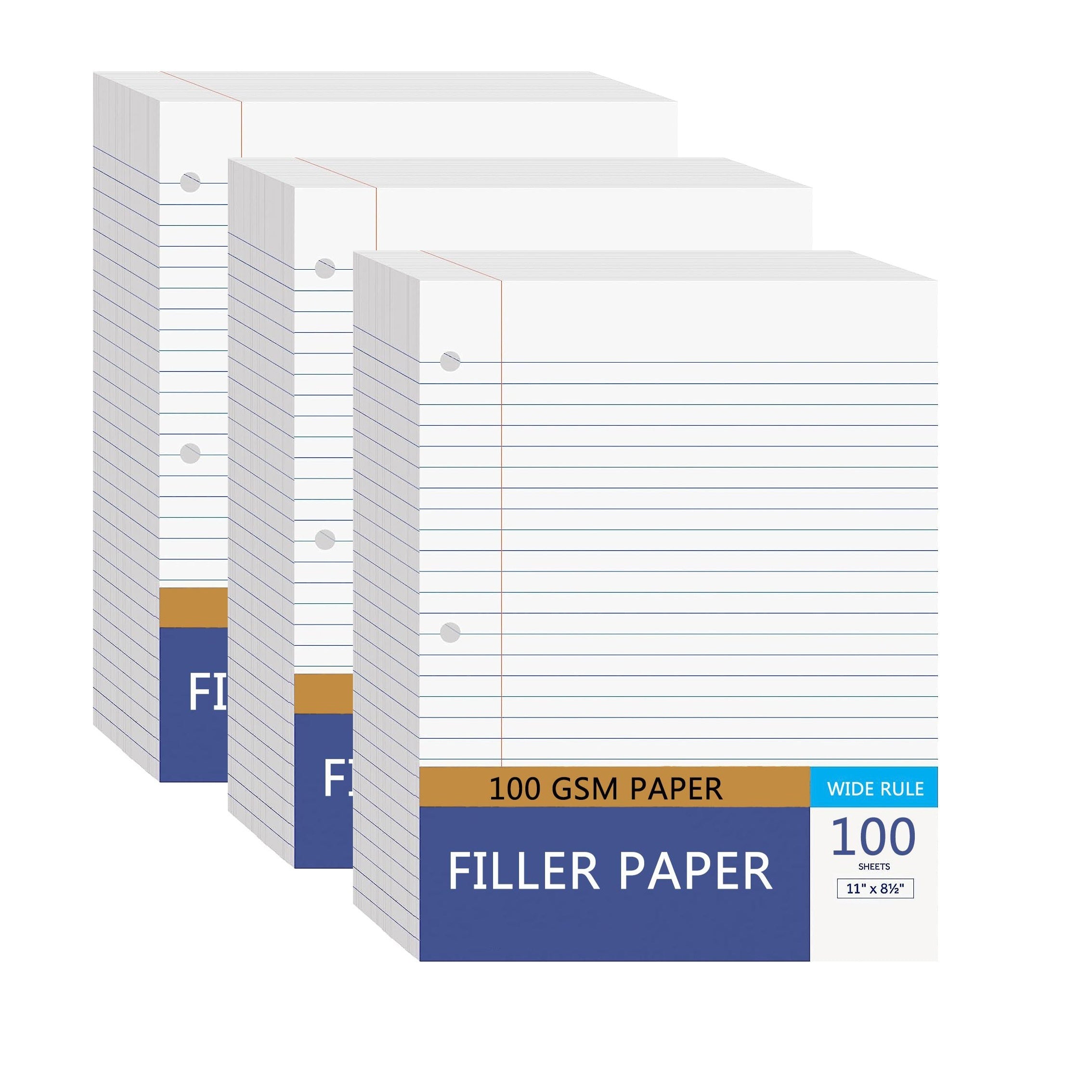 College Rule Filler Paper, 8.5x11, 3 Hole Punched, 100 Sheets/Pack