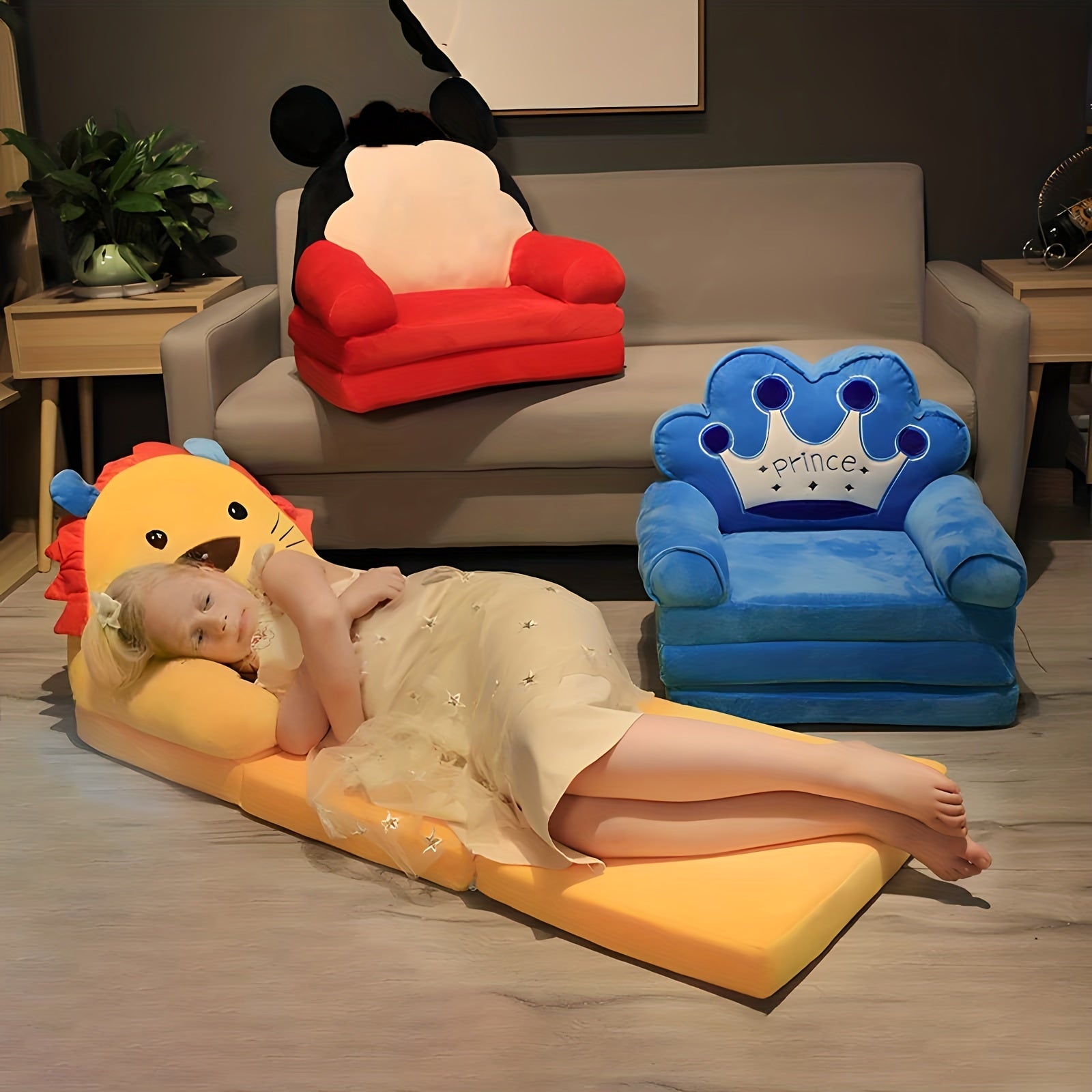 Kids' Folding Sofa Stool Plush Reclining Seat