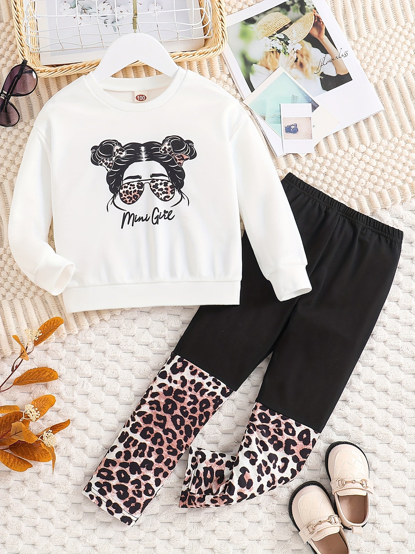 Toddler Girl's MINI GIRL Print Sweatshirt & Leopard Pattern Leggings Set