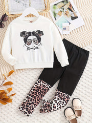 Toddler Girl's MINI GIRL Print Sweatshirt & Leopard Pattern Leggings Set