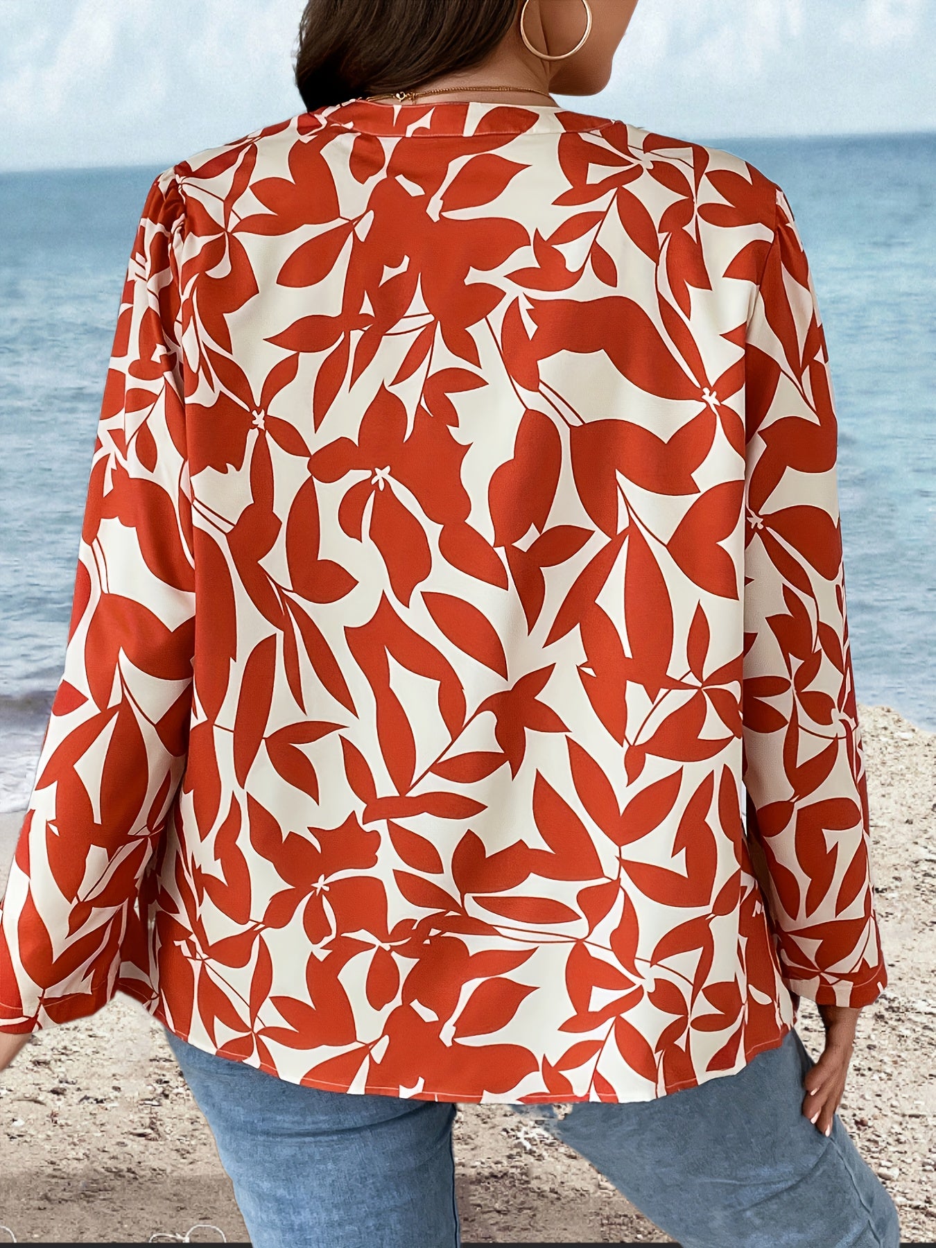  Floral Print Puff Sleeve Notched Neck Blouse