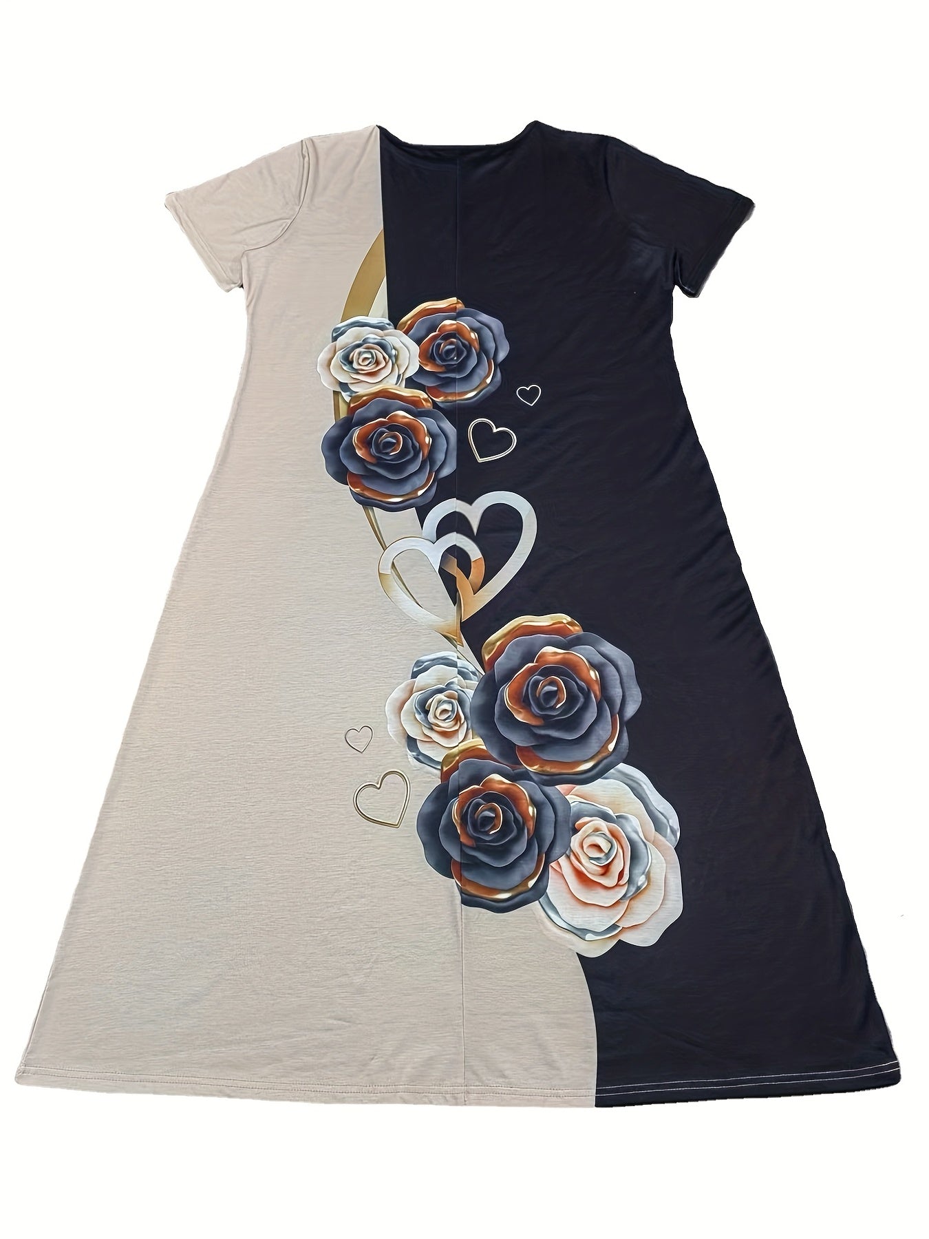  Colorblock Floral Print Short Sleeve Midi Dress