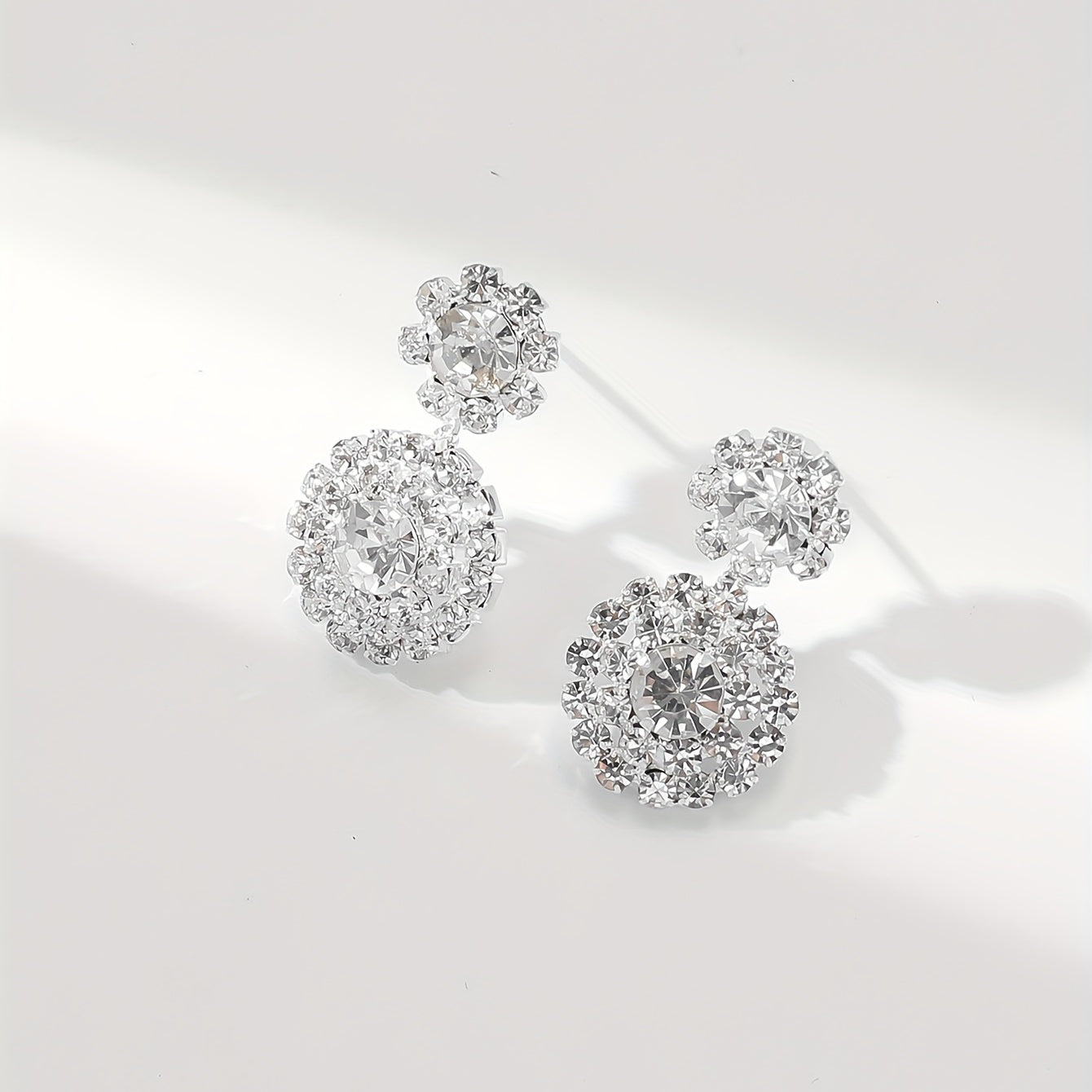 Sparkling Zircon Floral Dangle Earrings Retro Style Silver Plated Jewelry
