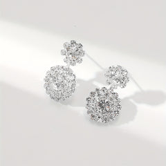 Sparkling Zircon Floral Dangle Earrings Retro Style Silver Plated Jewelry