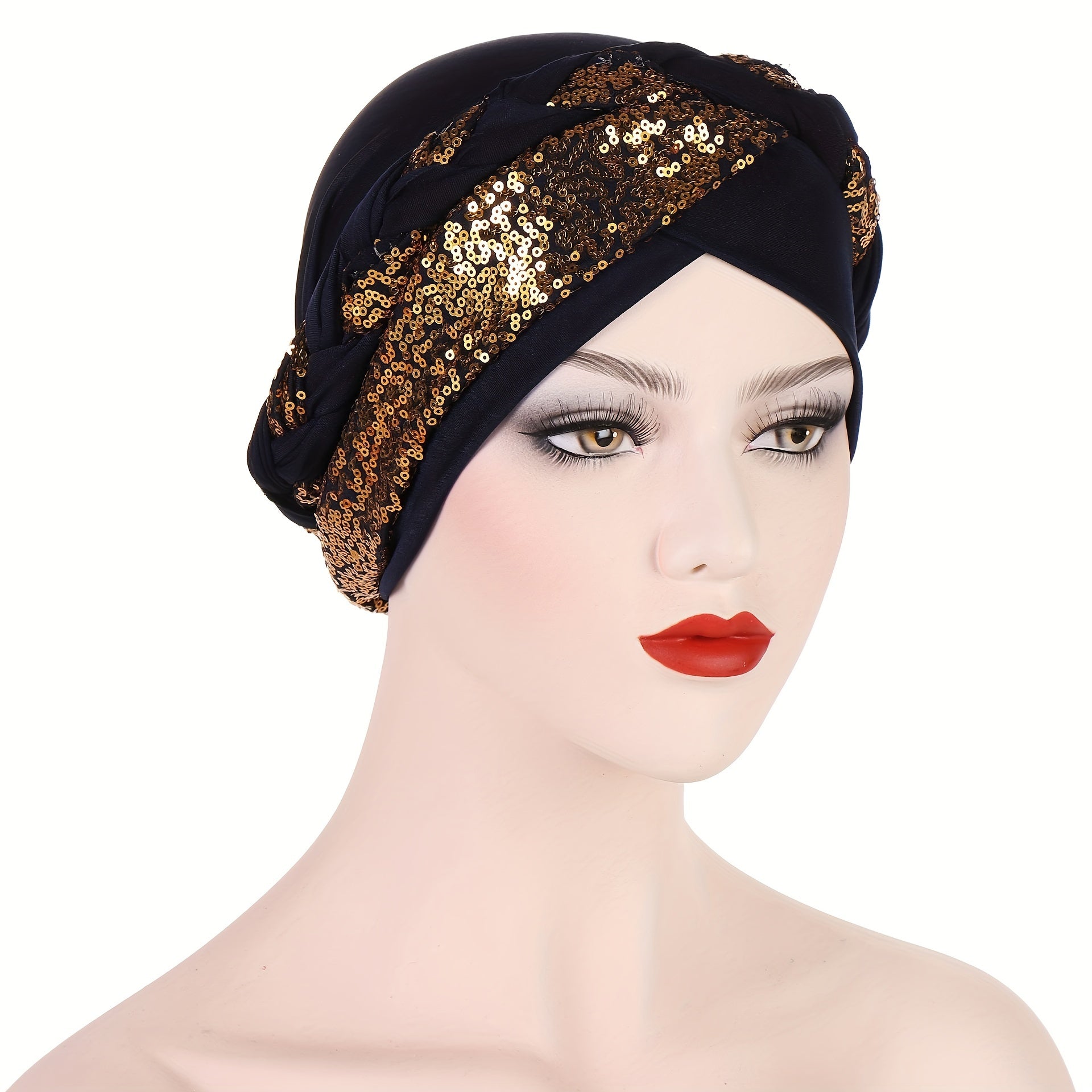 Sequin Decor Braid Turban Cap Boho Head Wrap Lightweight Beanie Women Hats