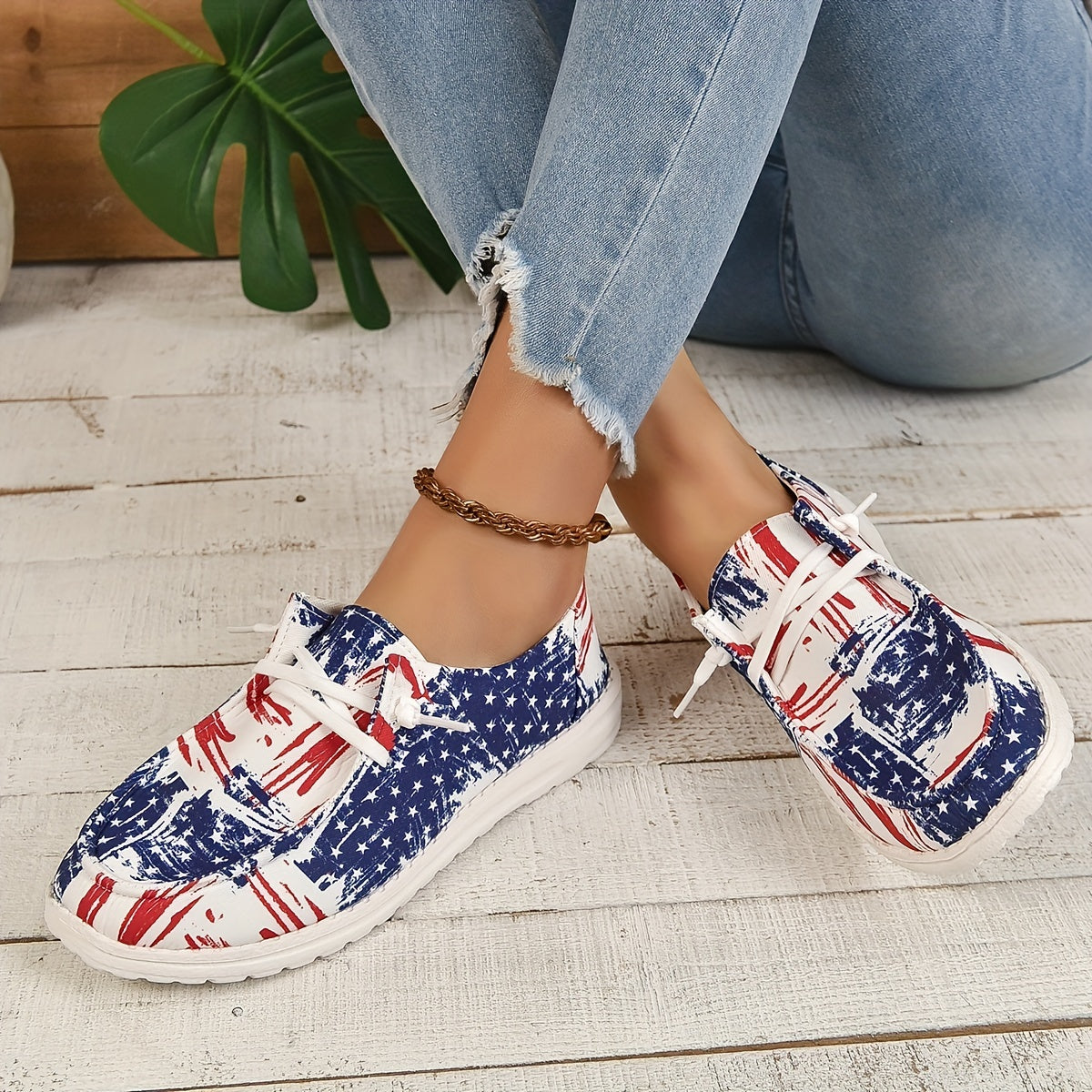Women's Star Pattern Canvas Shoes Casual Lace Up Flat Loafers Lightweight