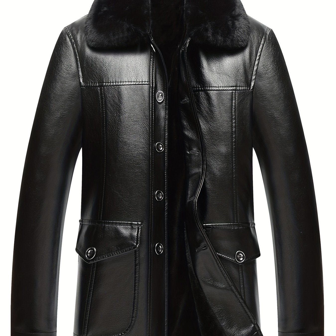 Men's Fleece PU Jacket Fur Collar Button Up Leather Jacket
