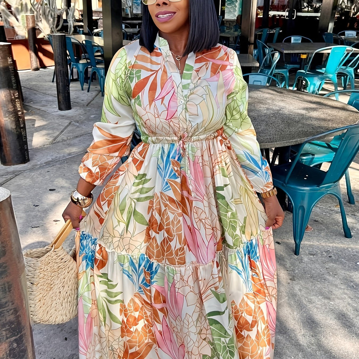  Floral Print Lantern Sleeve Maxi Dress