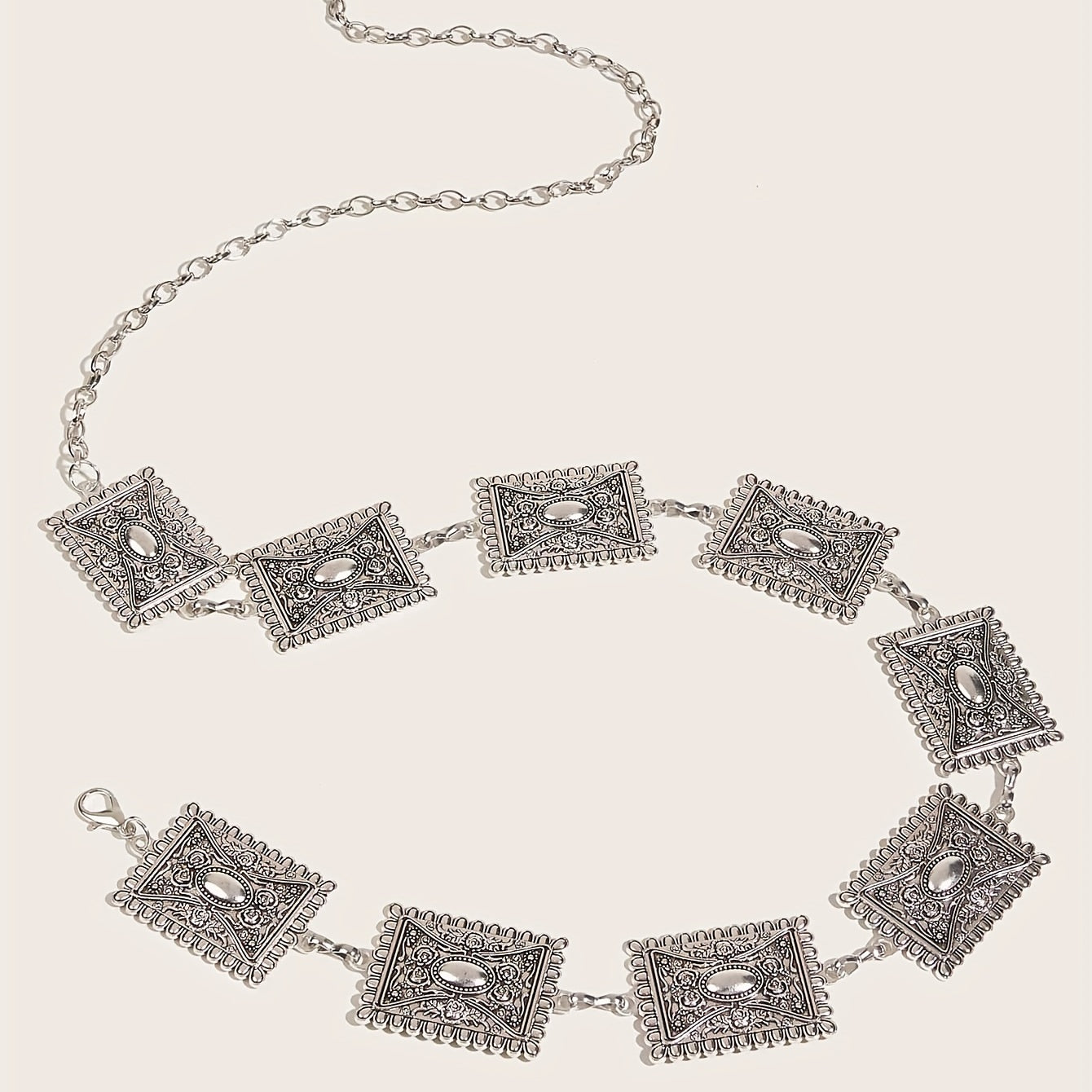 Vintage Carved Silvery Waist Chain Boho Metal Chain Belt Western Dress Girdle