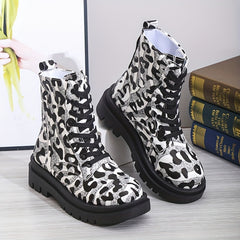 Leopard Print Combat Boots Lace Up Platform Ankle Boots