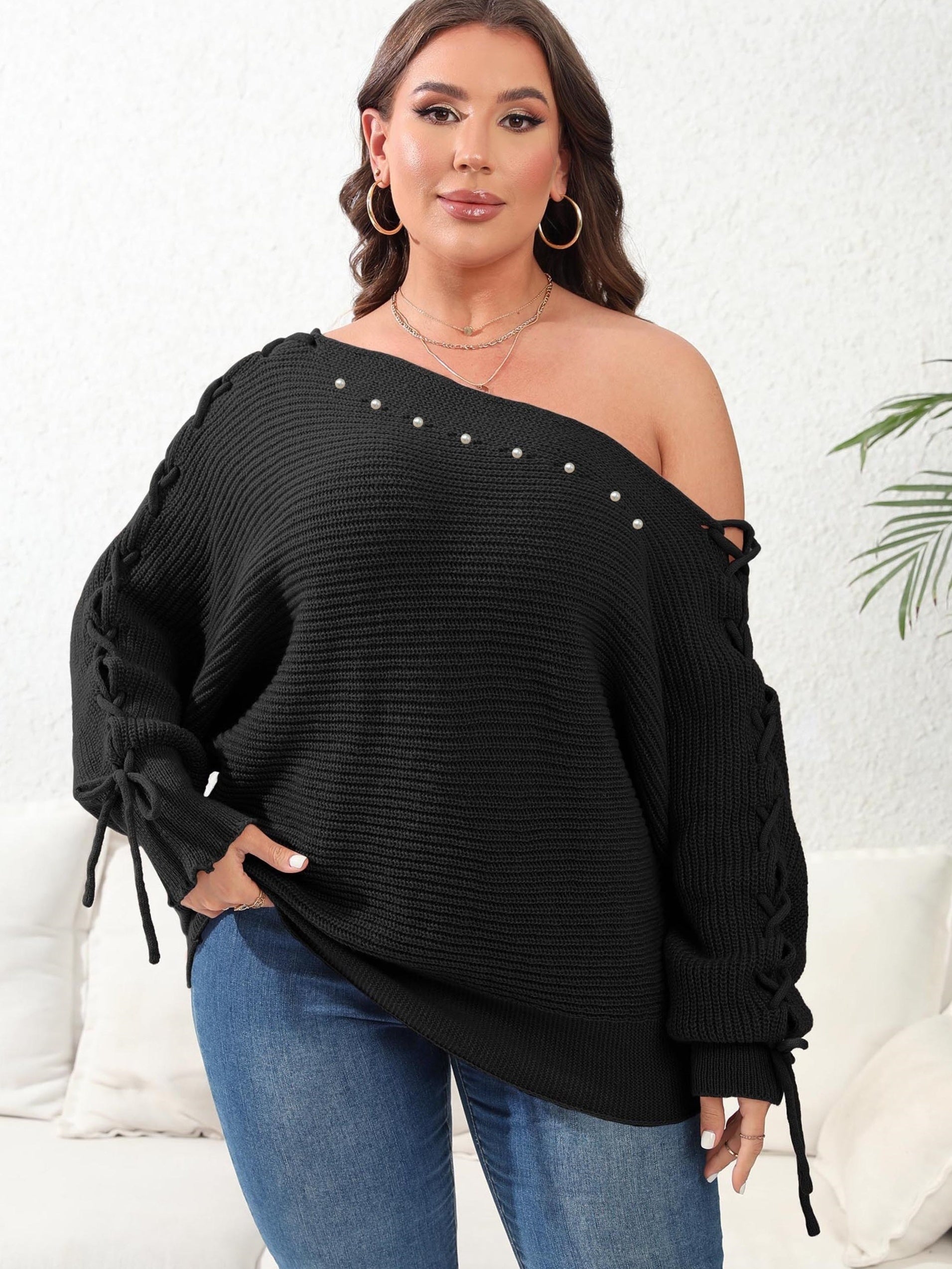  Sexy Sweater Women's Plus Faux Pearl Decor One Shoulder