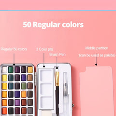 50-Color Watercolor Paint Set - Solid, Pearl, Fluorescent, Glitter, Metallic