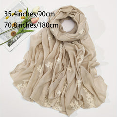 Beige Flower Embroidery Scarf Hijab Shawl Windproof Head Wraps Bandana