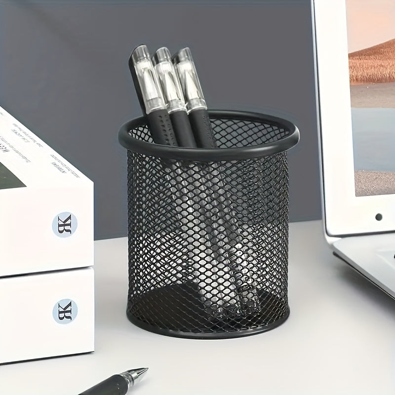 Iron Pen Holder Round Hollow Metal Desktop Office Storage Box