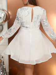  Solid Sequin Long Sleeve Surplice Neck Dress