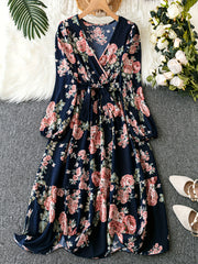 Women's Plus Floral Print Lantern Sleeve Surplice Neck Maxi Dress