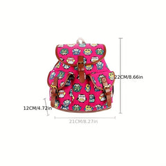 Colorful Owl Print Flap Backpack Preppy Style School Bag Drawstring
