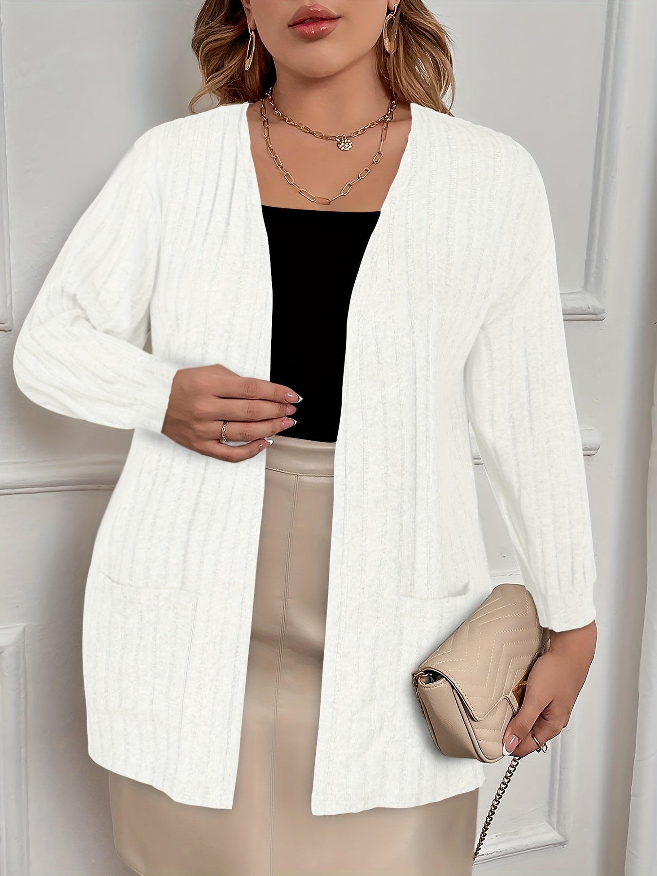  Solid Ribbed Long Sleeve Open Front Stretch Cardigan