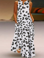 Feather Print Maxi Tank Dress With Pockets