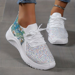 Women's Rhinestone & Floral Sneaker Low Round Toe Sporty Shoes