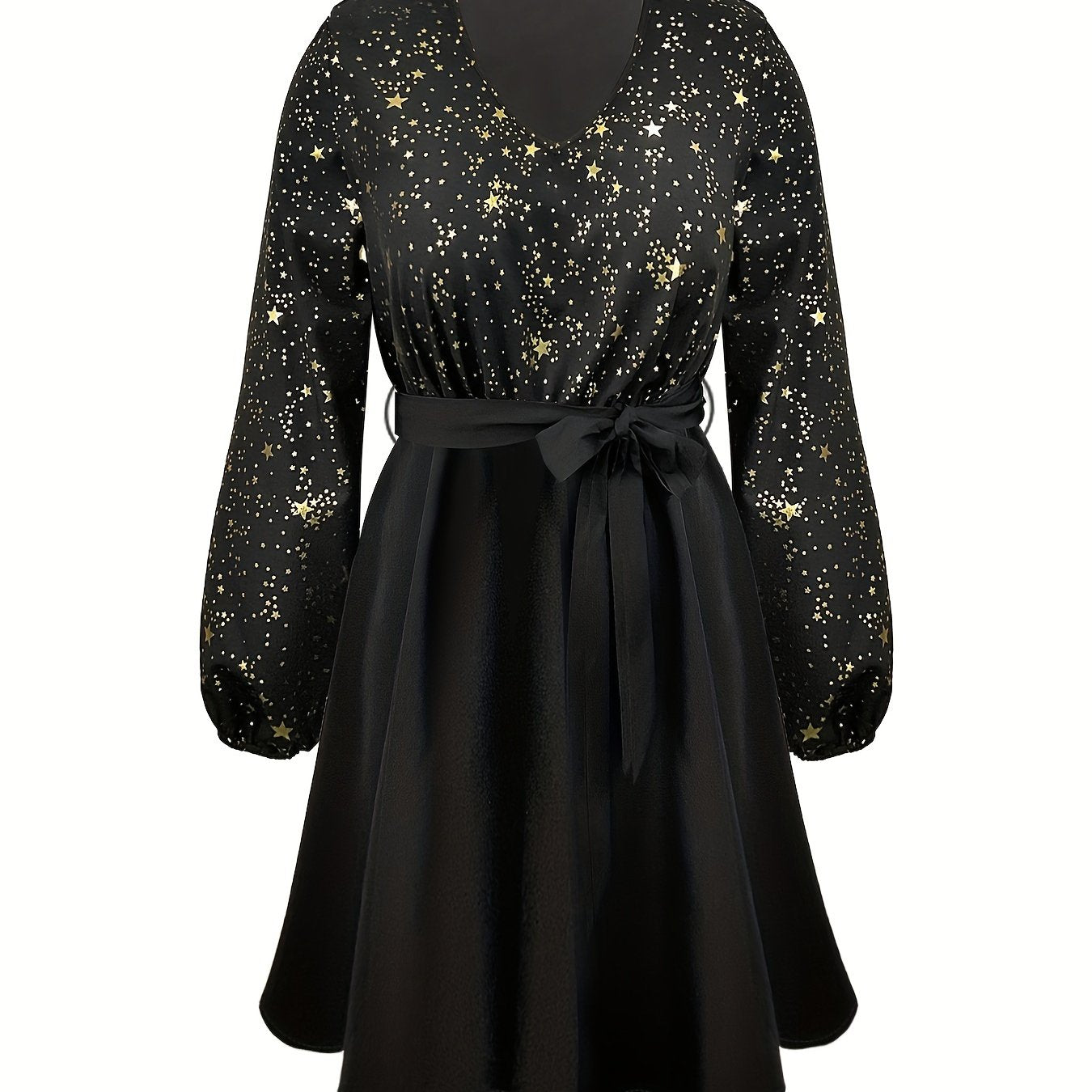  V-Neck Golden Star Print Dress
