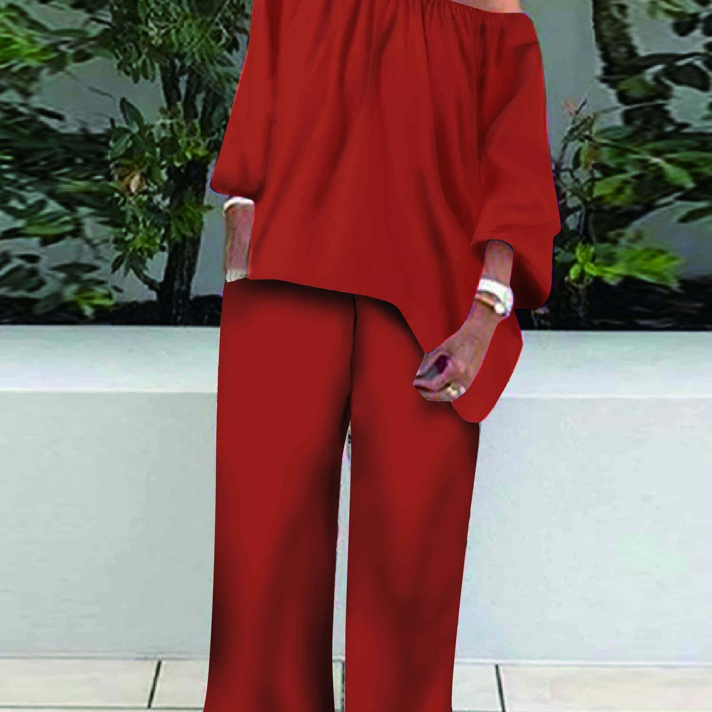  Casual 2 Piece Set Solid Long Sleeve One Shoulder Loose Top & Pants