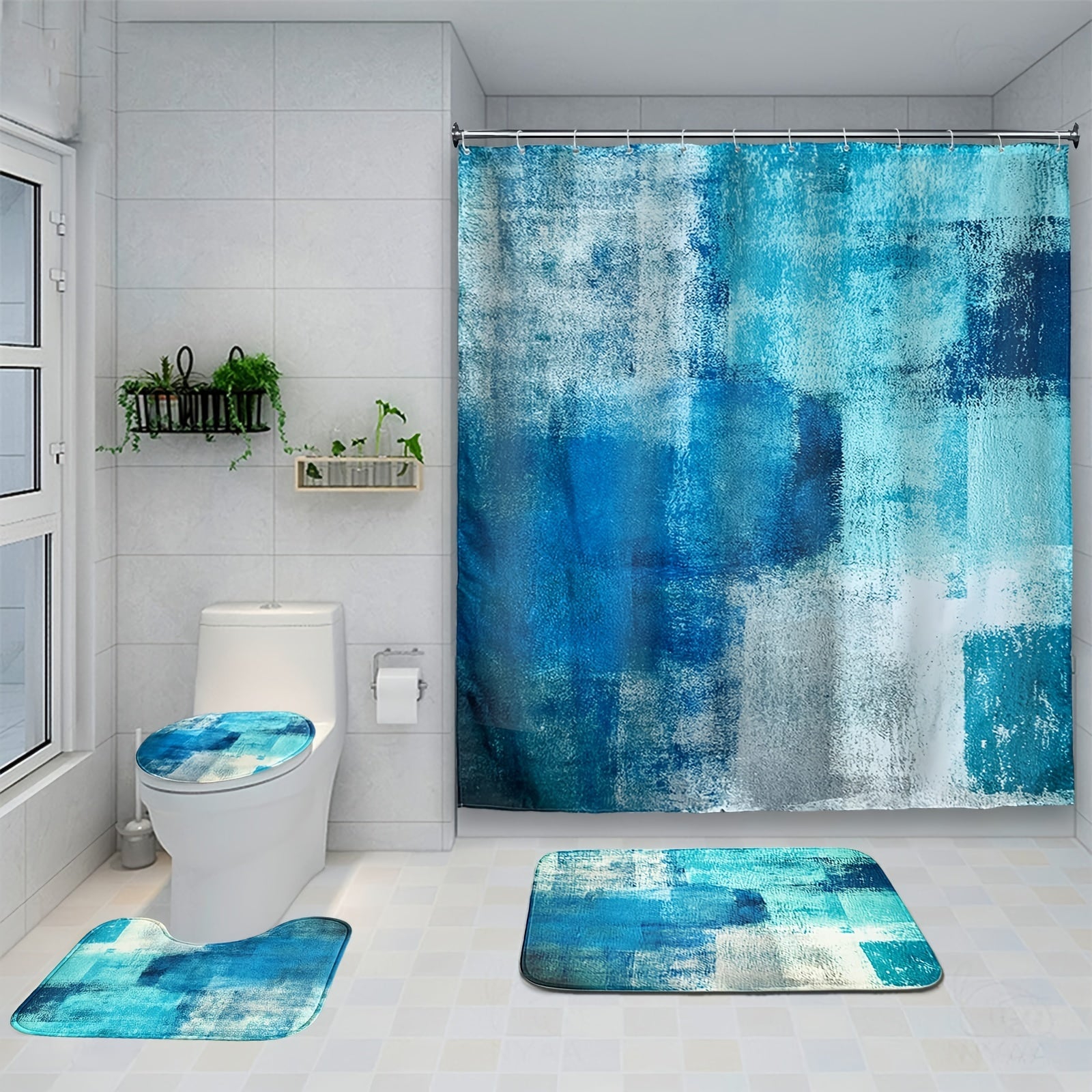 4-Piece Abstract Bathroom Set: Shower Curtain, Rugs, Non-Slip Bath