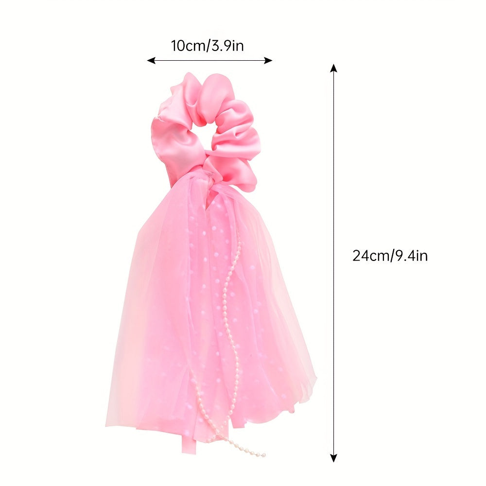 Mesh Streamer Pearl Tassel Large Scrunchie Ponytail Hair Rope