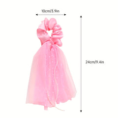 Mesh Streamer Pearl Tassel Large Scrunchie Ponytail Hair Rope
