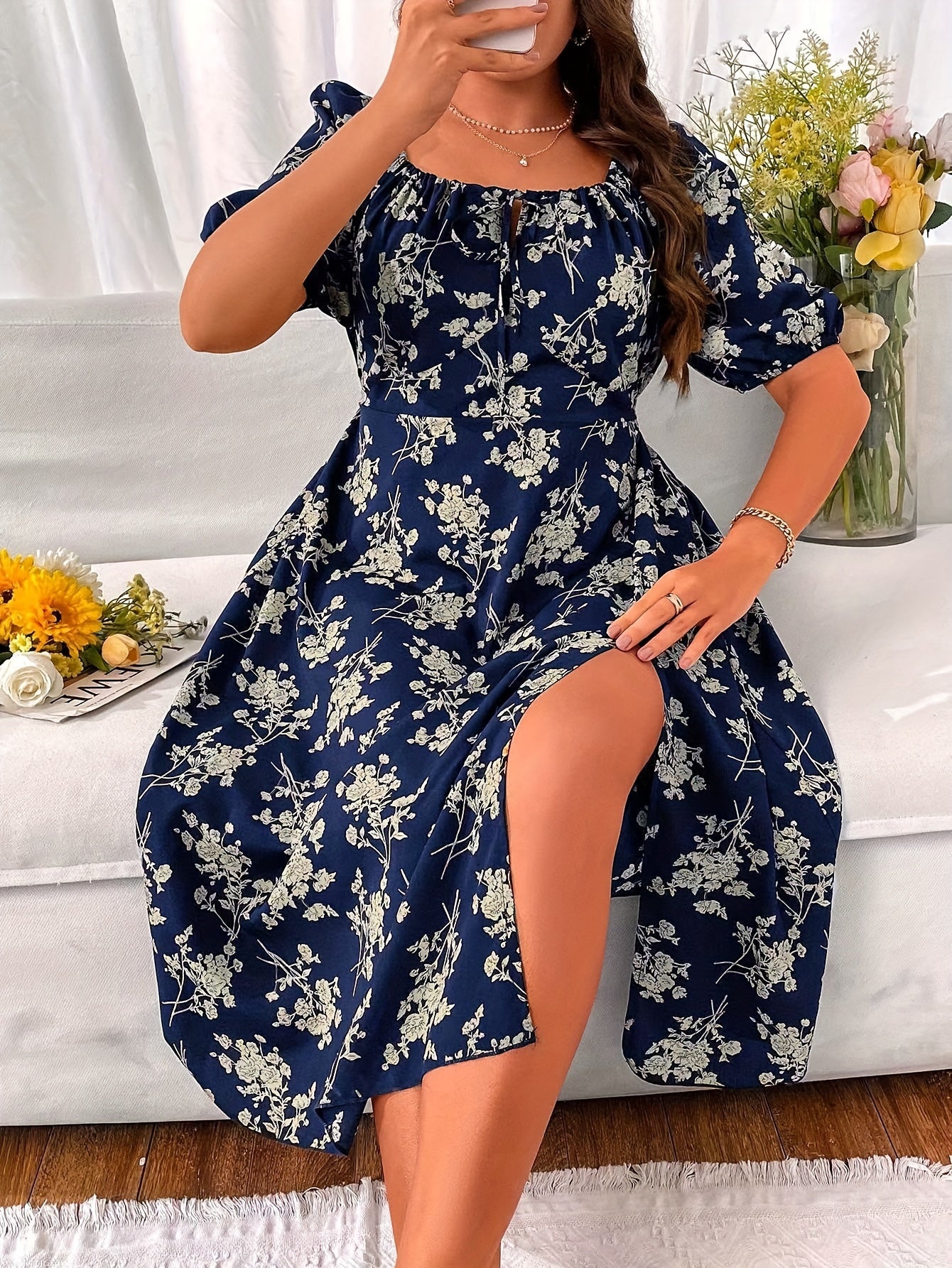  Floral Print Bubble Sleeve Square Neck Midi