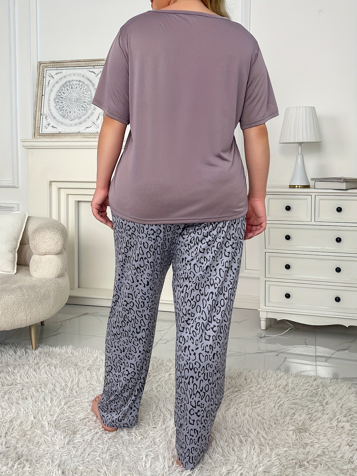  Leopard Heart Print Pajama Set Short Sleeve Round Neck Top & Pants