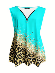  Colorblock Leopard Print V Neck Tank Top