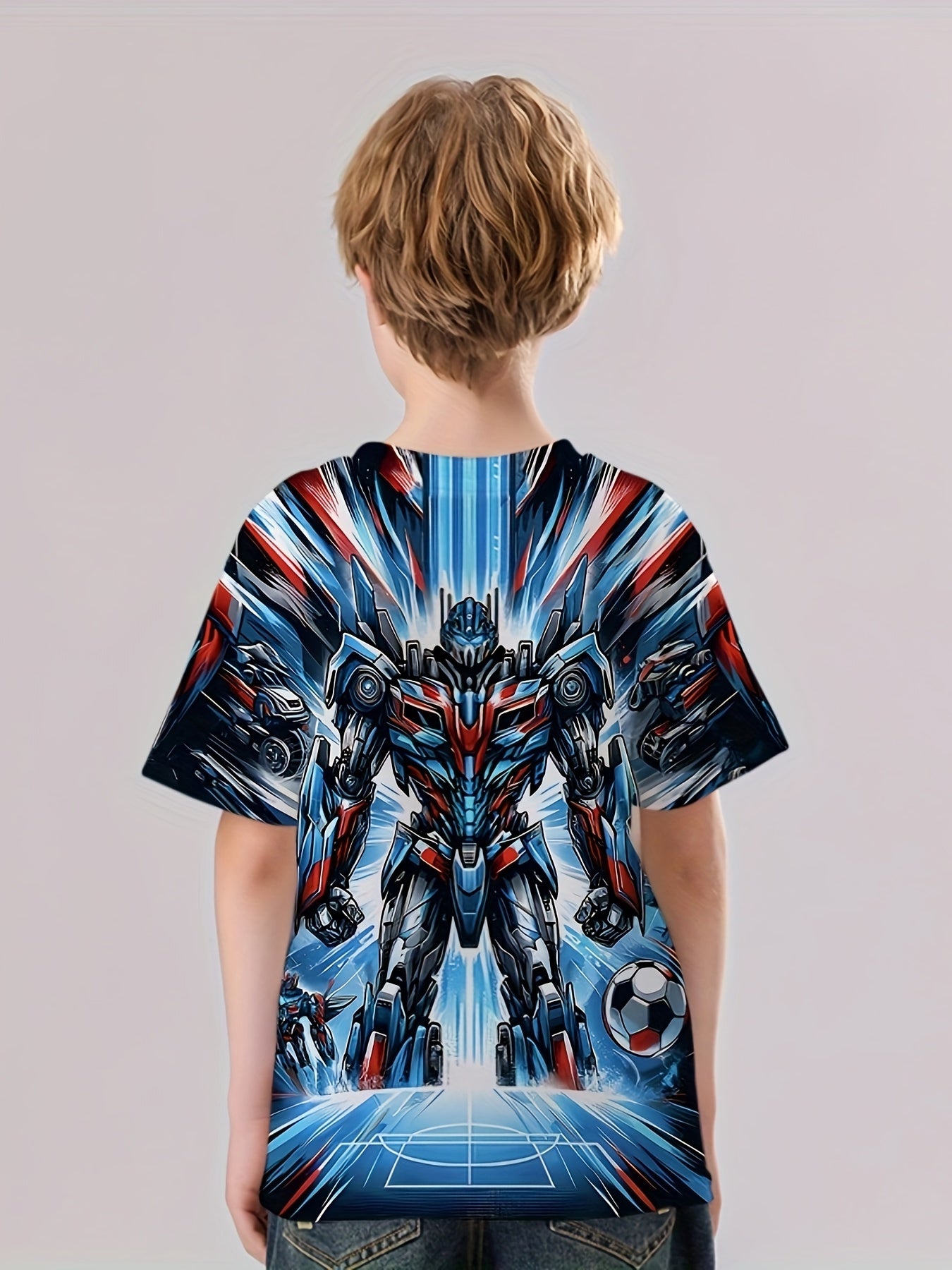Robot Warrior Print Boy's Tees Short Sleeve Crew Neck Comfy T shirt