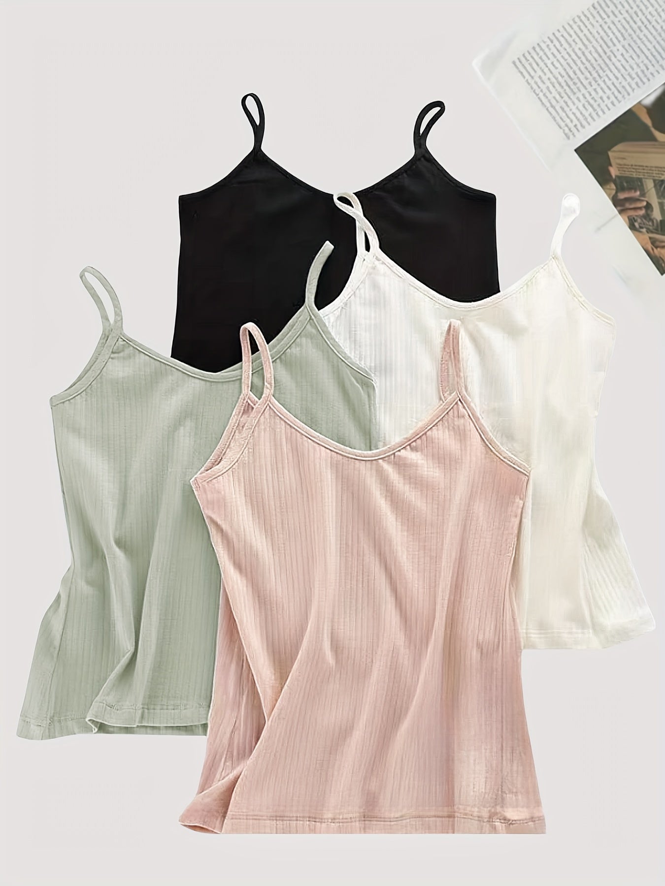 4pcs Solid V Neck Sleeveless Cami Tops Women's Lingerie