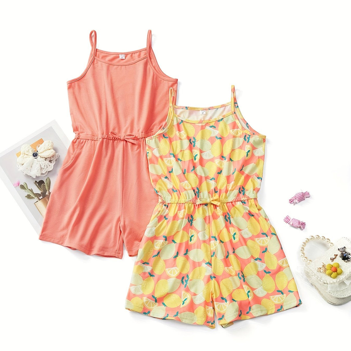 Girls Lemon Graphic Bow Front Cami Rompers Set