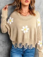  Floral Print Sweater Round Neck Pullover Crop Jumper