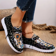 Women's Sunflower Print Canvas Shoes Slip On Flat Loafers Casual Sneakers