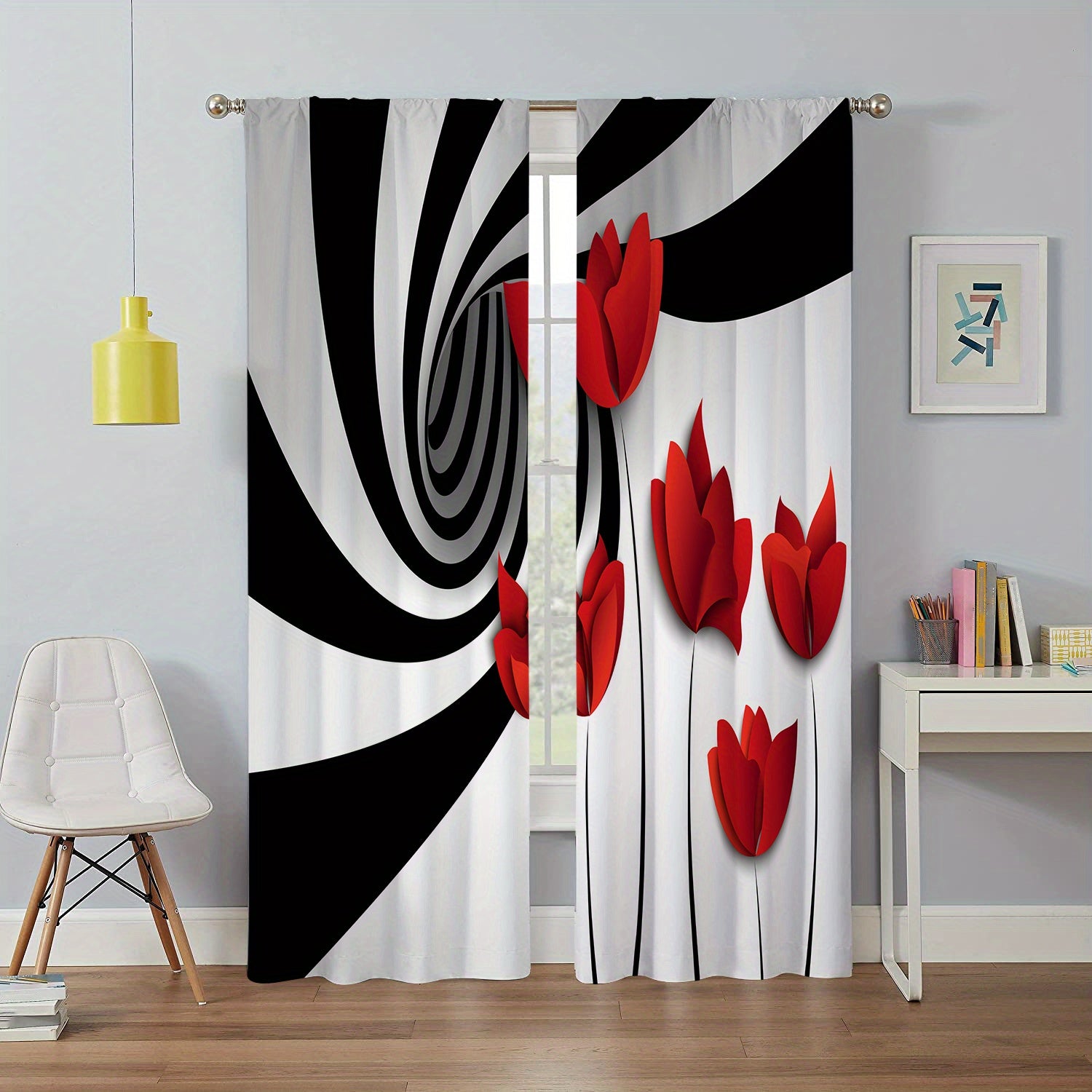Abstract Art Window Curtain Red Flower & Abstract Spiral Circle Rod Pocket