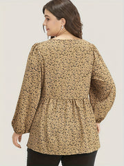  Blouse Women's Plus Ditsy Floral Print Lantern Sleeve V Neck Peplum