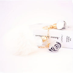 Flower Pom Pom Keychain Plush Key Ring Purse Bag Charm Earbud Case Accessory
