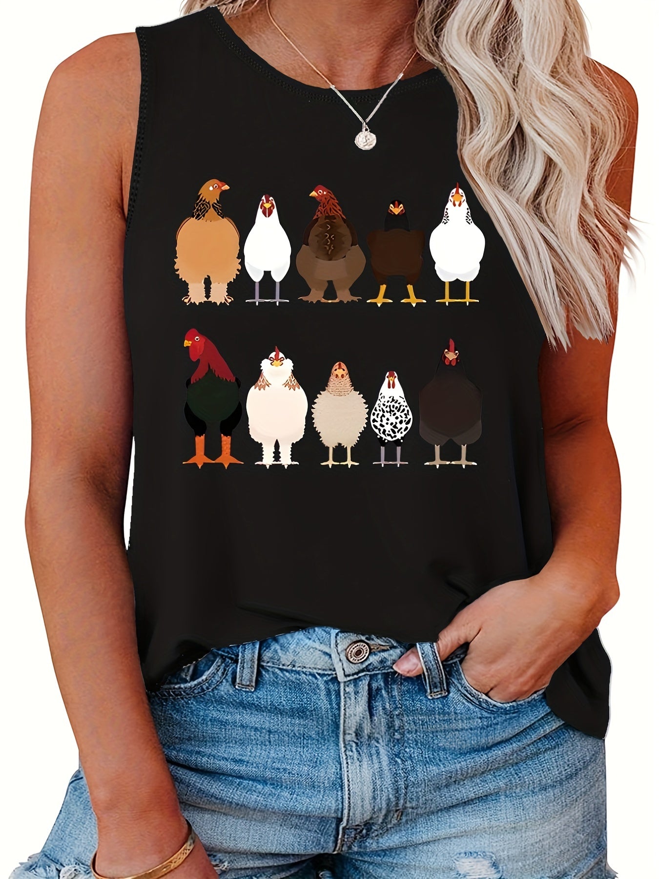  Chicken Print Tank Top Round Neck Casual Slight Stretch