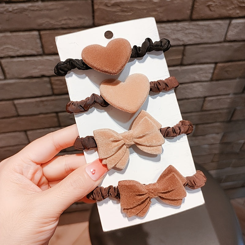 4pcs Coffee Hair Tie Plush Leather Headband Bow Headdress