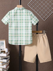 2pcs Boys Casual Plaid Short Sleeve Shirt&Shorts Set Kids Summer Clothing