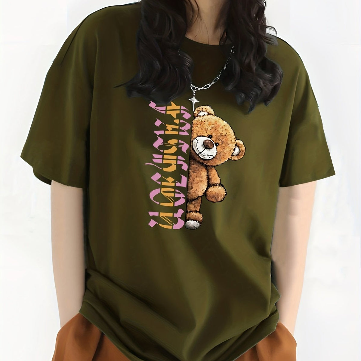 Letter & Bear Print Sports Top Crew Neck T shirt Women's Clothing