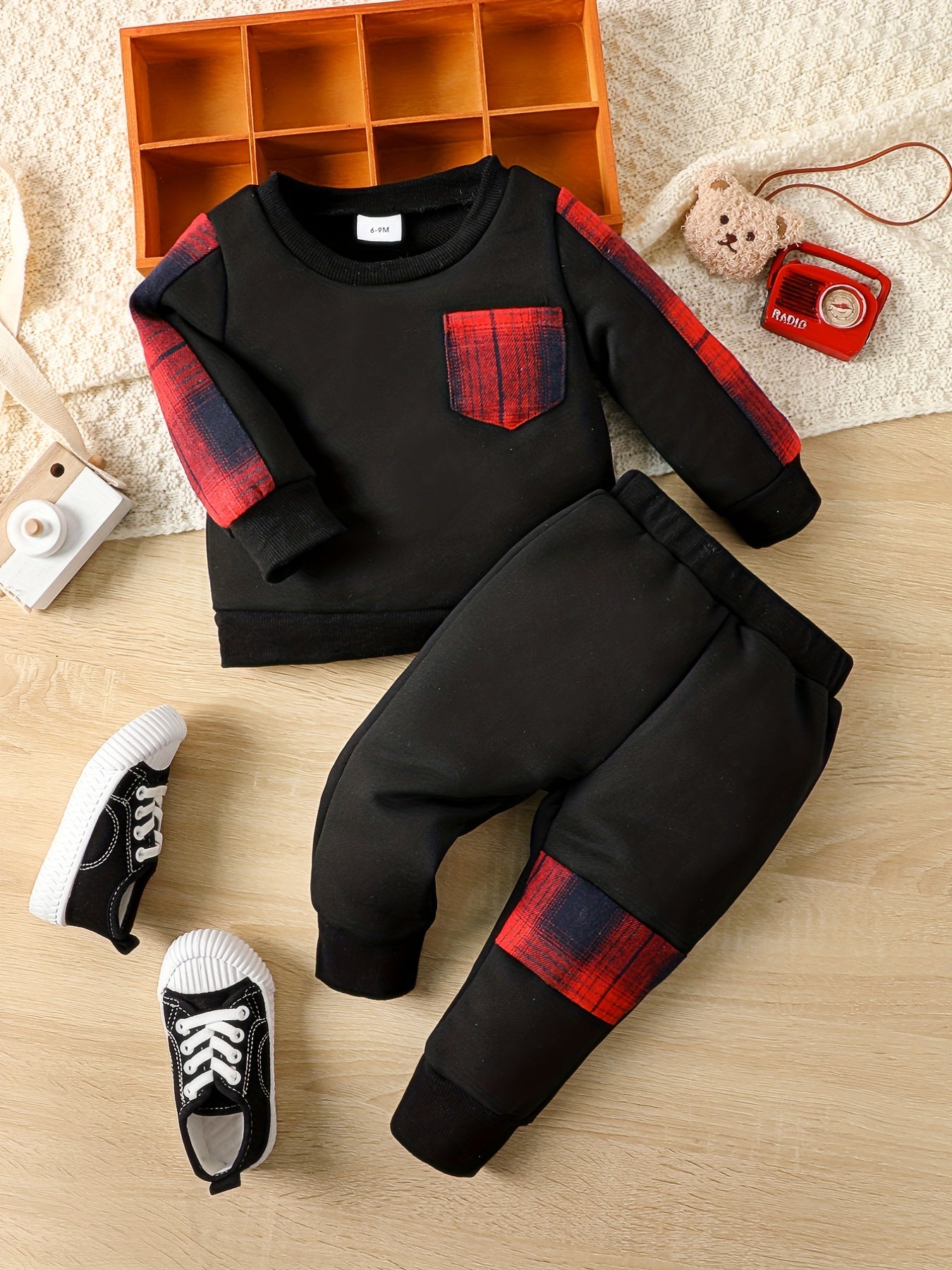 Baby Boy Plaid Long sleeved Top Trousers 2pcs Set