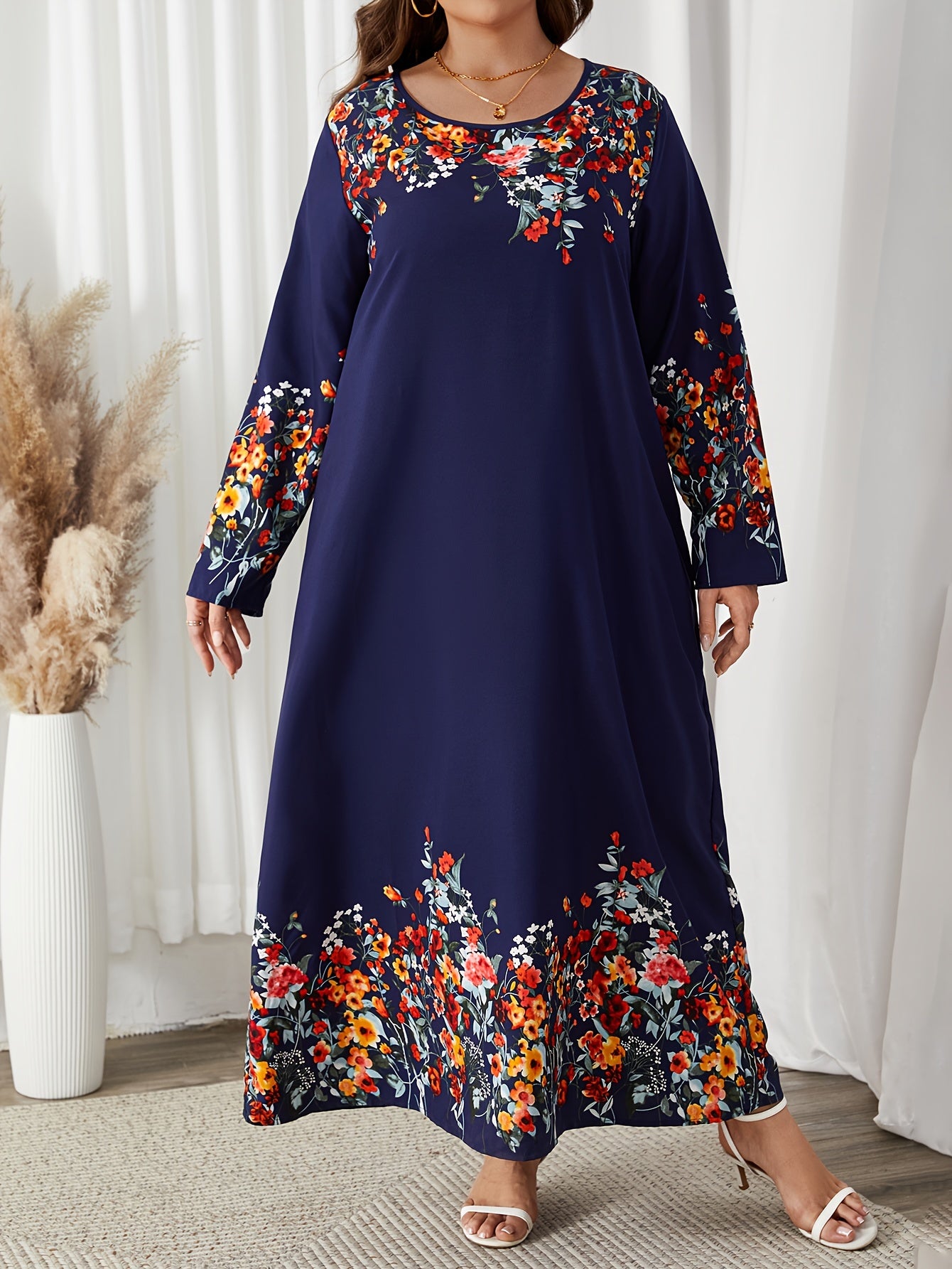  Floral Print Long Sleeve Abaya Dress