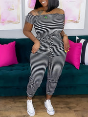  Off Shoulder Striped Print Jumpsuit Women's Plus Medium Stretch Casual