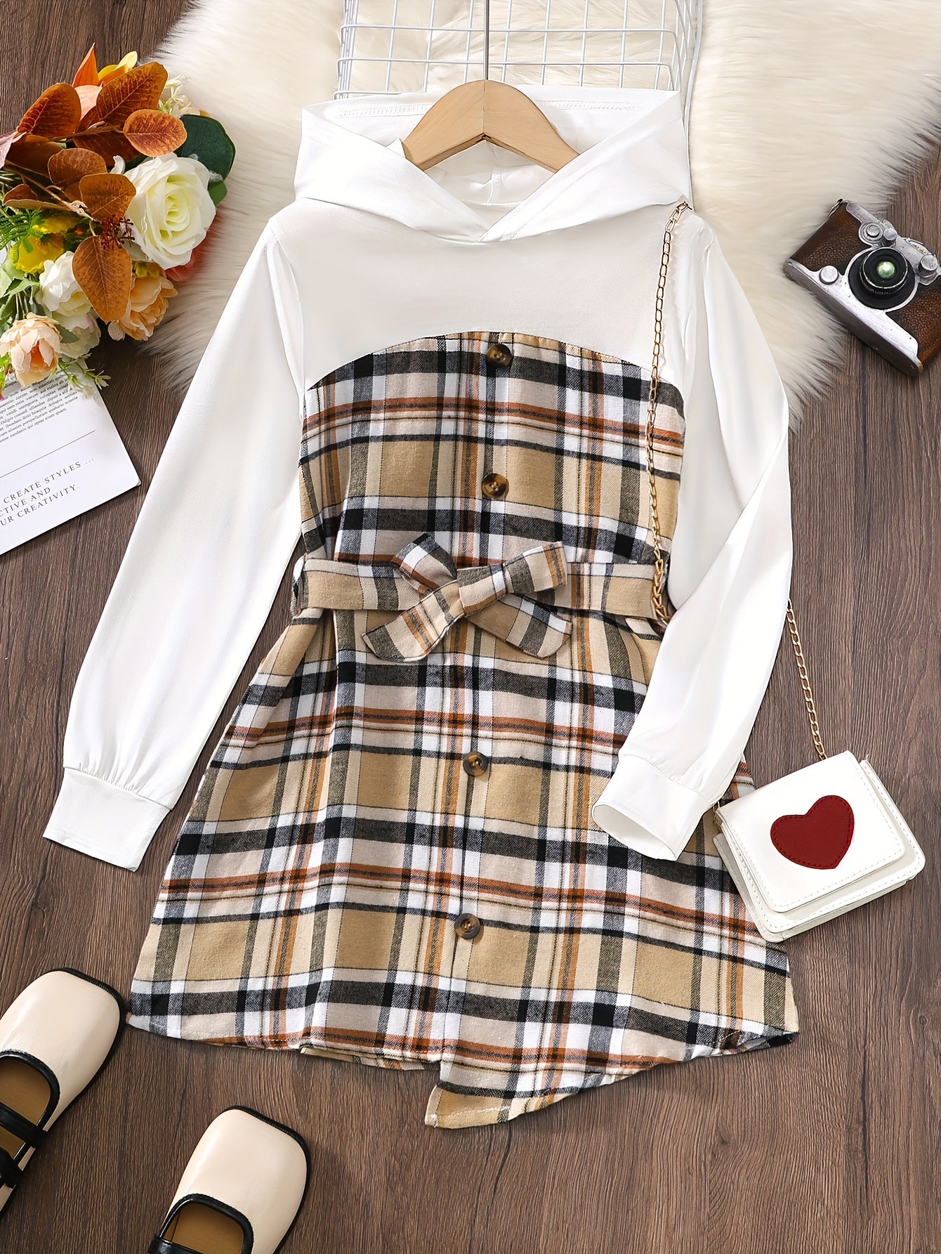 Plaid Hoodie Dress Tween Girls A Line Casual Belted Dress
