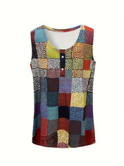 Patchwork Print Button Detail Round Neck Tank Top