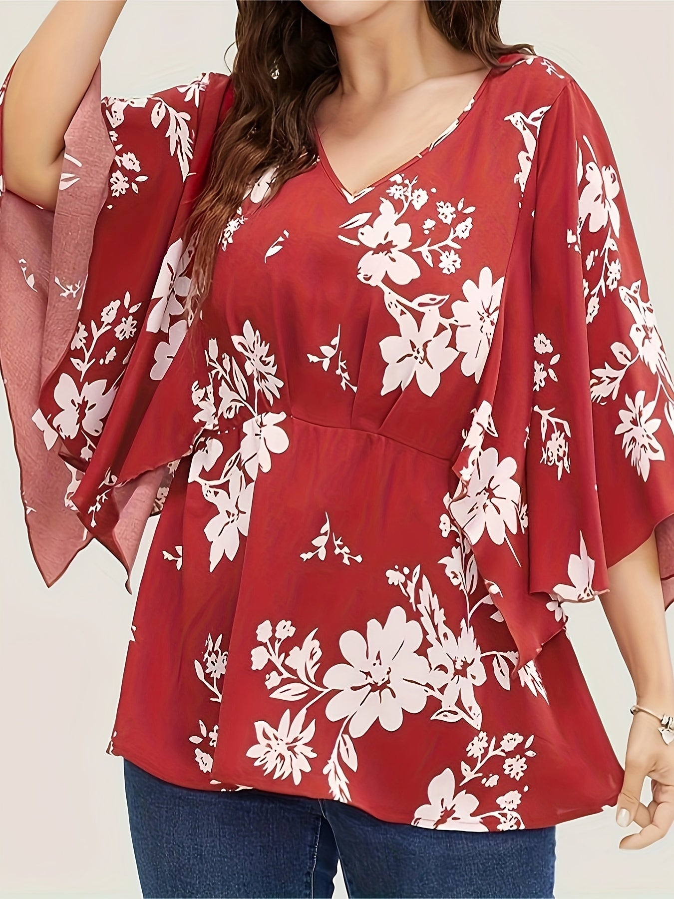  Floral Print Butterfly Sleeve Peplum Blouse
